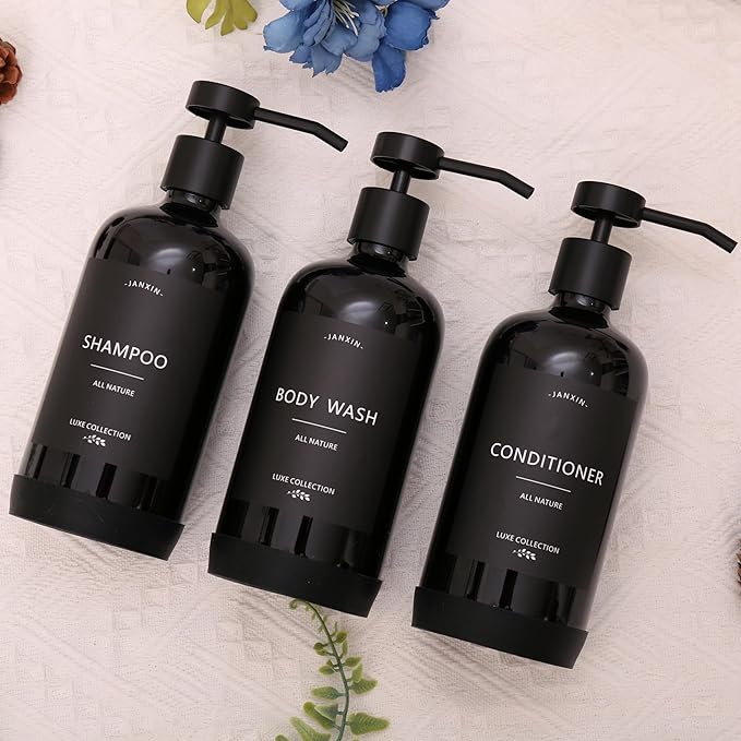 Shampoo and Conditioner Dispenser Set of 3,Refillable 21oz Shampoo Bottles with Non-Slip Protective Silicone Pad,Shower Soap Dispenser with Waterproof Labels for Bathroom (Black)