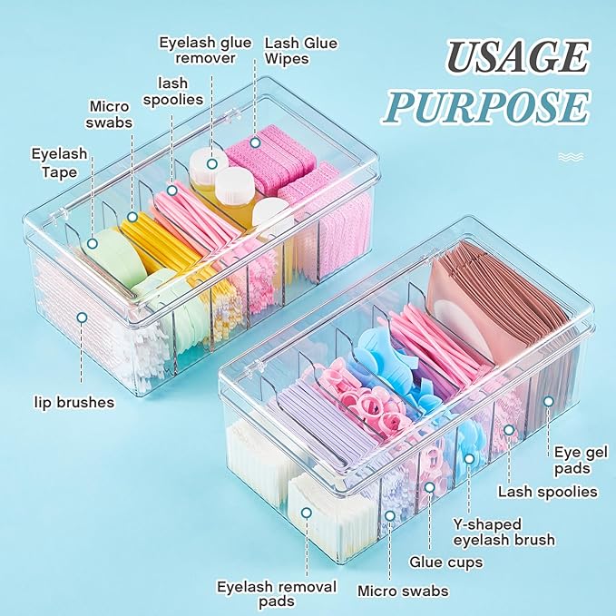 2 Pcs 8.5 x 4.9 x 3.5 Inch Large Capacity Acrylic Lash Extension Cart Organizers and Storage 6 Divided Eyelash Extension Supply Storage Box Clear Eyelash Cart with Lid Technician Lash Techs