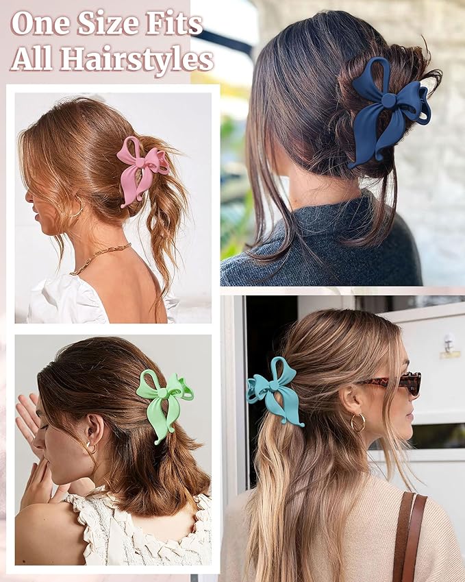 Mesovor 4 pack Cute Bow Claw Clip for Women, Nonslip Large Matte Strong Hold Bows Hair Clips for Thin and Thick Hair | Chic Hair Styling Accessories (4.1" Navy, Blue, Light Green, Pink)
