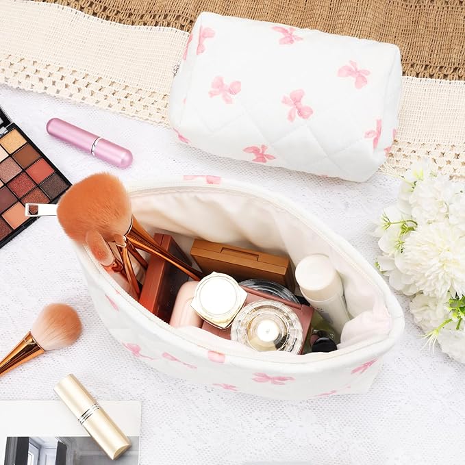 2Pcs Small Makeup Bag Quilted Cosmetic Bag Flower Pencil Case Travel Makeup Bag Set for Women Cute Cosmetic Pouch Aesthetic Cotton Toiletry Organizer Storage Bags Puffy Zipper Pouch Christmas Gifts D