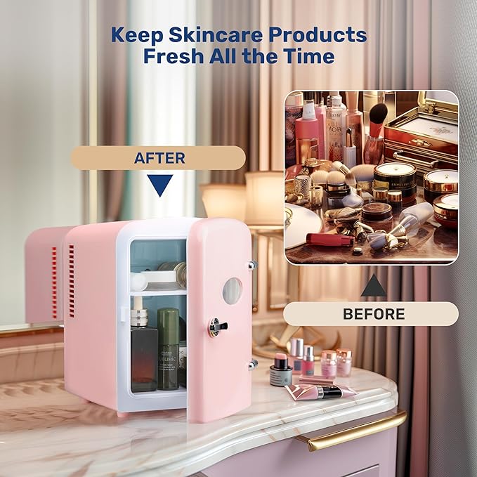 Simple Deluxe 4L/6 Can Portable Mini Fridge with Observation Window, Compact Cooler & Warmer Freon-Free Small Refrigerator, for Skincare, Beverage, Food, Cosmetics, Pink