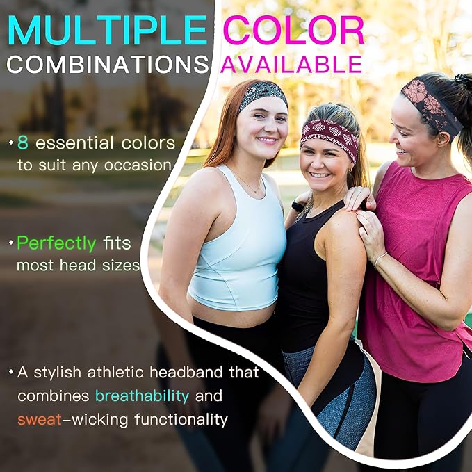8 Pack Headbands for Women Non Slip - Stylish Sports Hair Bands for Women's Hair - Soft Cotton Cloth Stretchy Headbands for Women for Yoga, Outdoor Exercise Running