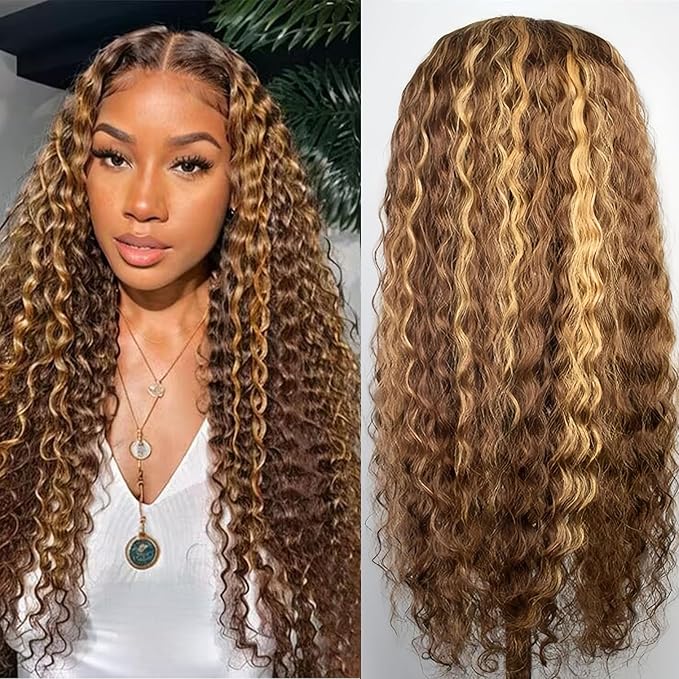 Highlight Ombre 4/27 Human Hair Wear and Go Glueless Deep Wave Curly Wet and Wavy Lace Front Wigs Pre Plucked Pre Cut 5x5 HD Lace Closure Wigs for Black Women (highlight ombre 4/27, 28 Inch)