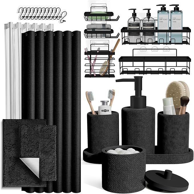 Clara Clark Black Bathroom Set - Bathroom Sets with Shower Curtain and Rugs, 26PC Bathroom Accessory Set, Shower Curtain Set with Adhesive Corner Shower Caddy Hanging & Soap Dispenser