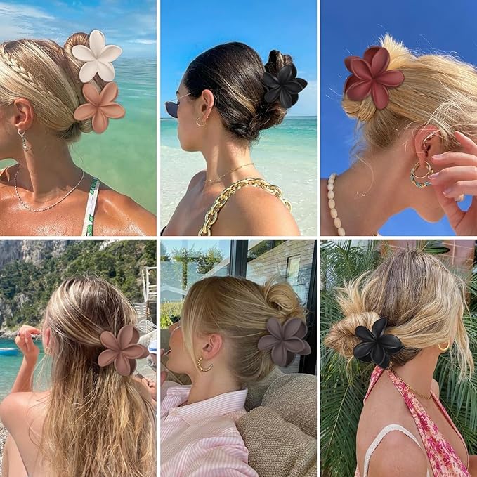 Flower Hair Clips 6 PCS Hawaiian Claw Clips for Vacation Hibiscus Hair Claw Cute Large Hair Clips for Thick and Thin Hair Plumeria Hair Accessories for Women Girls -Brown Scarlet