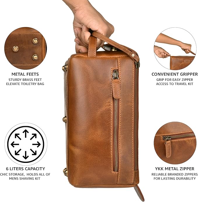 LEATHER VILLAGE Genuine Leather Travel Toiletry Bag - Water-Resistant Dopp Kit for Toiletries, Large Shaving Bag & Bathroom Organizer - Gift for Men & Women - Tan Brown
