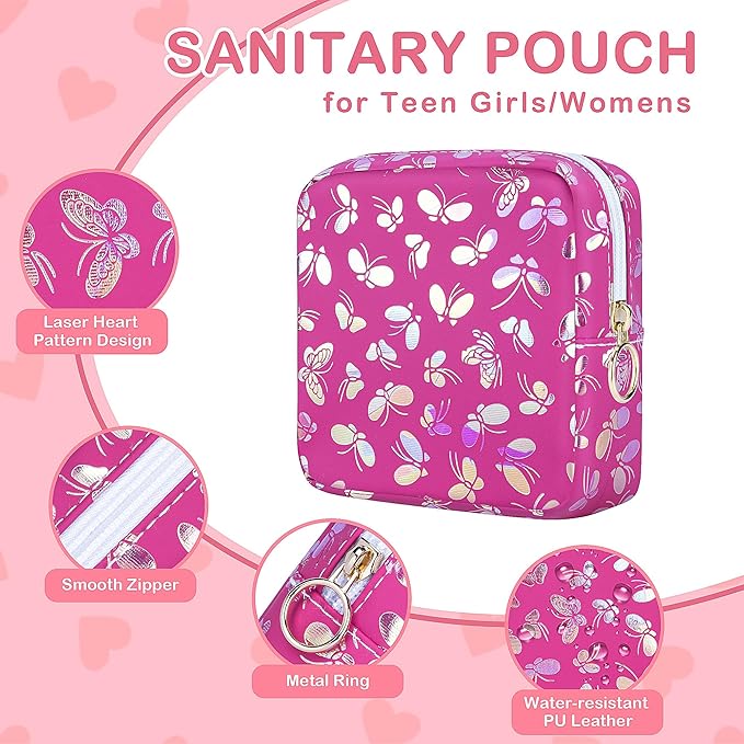 Tampon Holder for Purse, Leather Sanitary Napkin Storage Bag Period Bag Gift for Girls Women, Portable Sanitary Napkin Period Pad Pouch Tampon Bags for Purse(Rose red Butterfly)