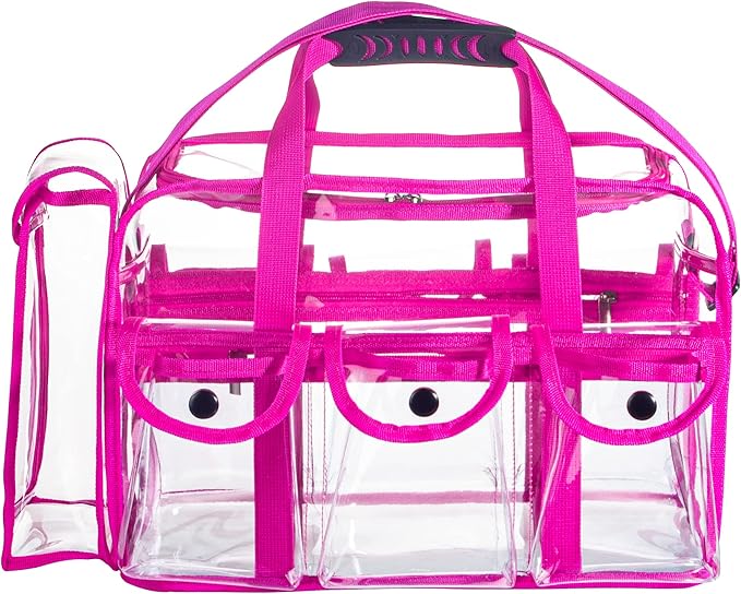 Wide Opening Large Professional Clear PVC Travel Makeup Artist Set Bag Cosmetic Nails Beauty Bags Transparent Vinyl Tool Organizer Beach Bags Diaper Bag with 6 External Pockets & Strap (Pink)