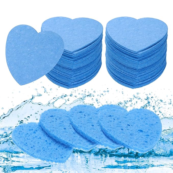 uxcell 120 Count Compressed Facial Sponges Heart-Shaped Face Cleansing Sponges Pads for Daily Skincare Routines at Home, Kitchen, Travel, Blue