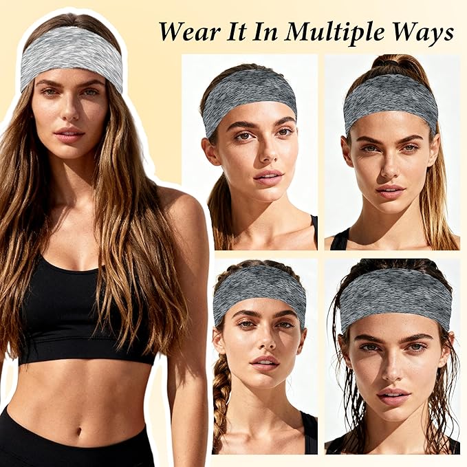 Headbands for Women Non-Slip Workout Hair Bands, 6 Pack Stretchy Athletic Soft Sweatbands, Elastic Cloth Fabric Headband, Fashion Head Bands for Yoga Running Sports Gym Sports Exercise