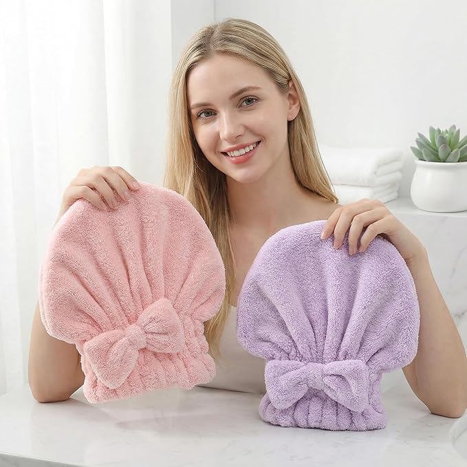 Microfiber Hair Towel Wrap for Thick Damaged Hair, Quick Drying Hair Turban with Bow, Super Absorbent Anti Frizz Hair Cap for Curly Frizzy Hair, Lightweight Towel for Women After Shower (Pink+Purple)