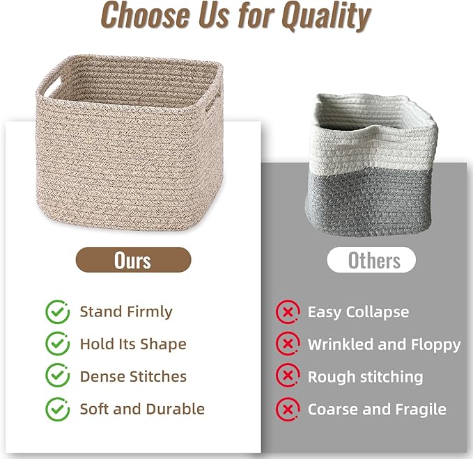 3 Pack Cube Storage Bin, 9”x9”x7” Cotton Rope Woven Baskets for Organizing Toys Clothes Towels, Square Gift Storage Baskets for Shelf, Nursery, Closet, Bathroom, Pantry (Jute)