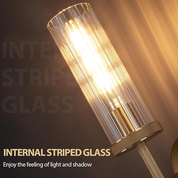 15" Knurled Gold Hardwired Wall Sconces Set of 2, Bathroom Vanity Light Fixtures with Vertical Striped Glass Tube, Modern Lamp Lighting for Bedroom, Living Room, Hallway, Staircase, Mirror, Kitchen