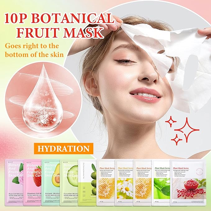 10 Pack Variety Facial Sheet Masks Skin Care Set, Hydrating Bulk Sheet Face Masks Skincare Gifts Set for Women Men, Long Lasting Moisturizing Face Mask Skincare for All Skin Type（B1)