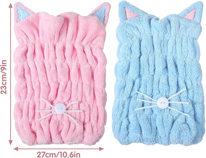 2Pcs Microfiber Hair Towel Wrap, Microfiber Hair Drying Towel Wraps with Cute Kitty Ears, Hairs Drying Caps, Ultra Absorbent Quick-Dry Turban Caps for Women & Girls (Pink & Blue 10.6" L x 9" W)