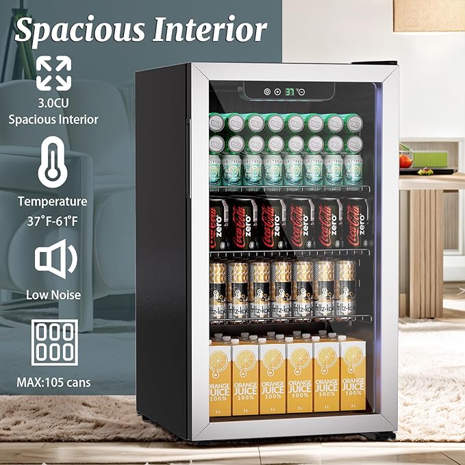 3.0 Cubic Feet/105 Can Beverage Refrigerator,28 Inch Fridge with Adjustable Shelve & LED Display for Soda Beer or Wine, Drink Refrigerator for Home Bar Office(Silver)