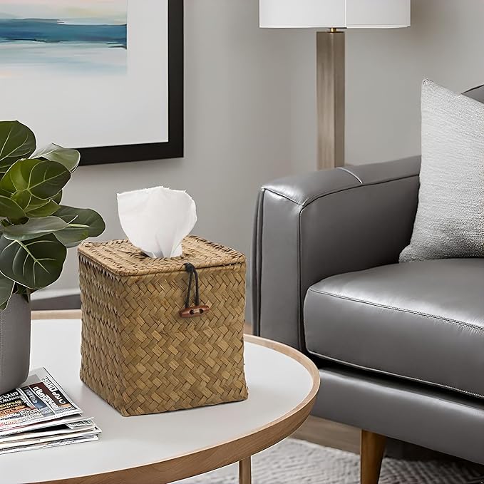 Tissue Box Cover Square, Seagrass Tissue Box Holder, Woven Facial Tissue Holder, Rattan Wicker Tissue Box, Decorative Tissue Cover for Dinner Table, Living Room, Bathroom, Bedroom, Office (Natural)