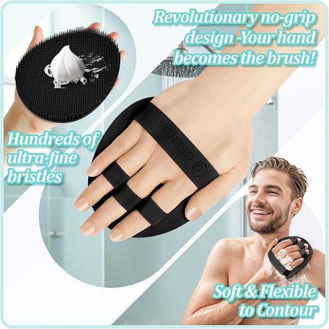 Silicone Bath Glove & Face Scrubber Set 2PCS, 360° Anti-Slip & Hand-fit Body Scrubber for Rich Foaming Deep Cleaning, Unique Facial Scrubber with Side-bristles for Contoured Areas.(Black)