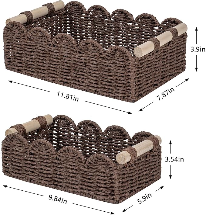 CubesLand Toilet Paper Storage Organizer Basket, Scalloped Decorative Baskets for Over Toilet Shelves, Wicker Small Basket Perfect for Home Countertop Storage & Decor, Living Room Shelf Decor, Brown
