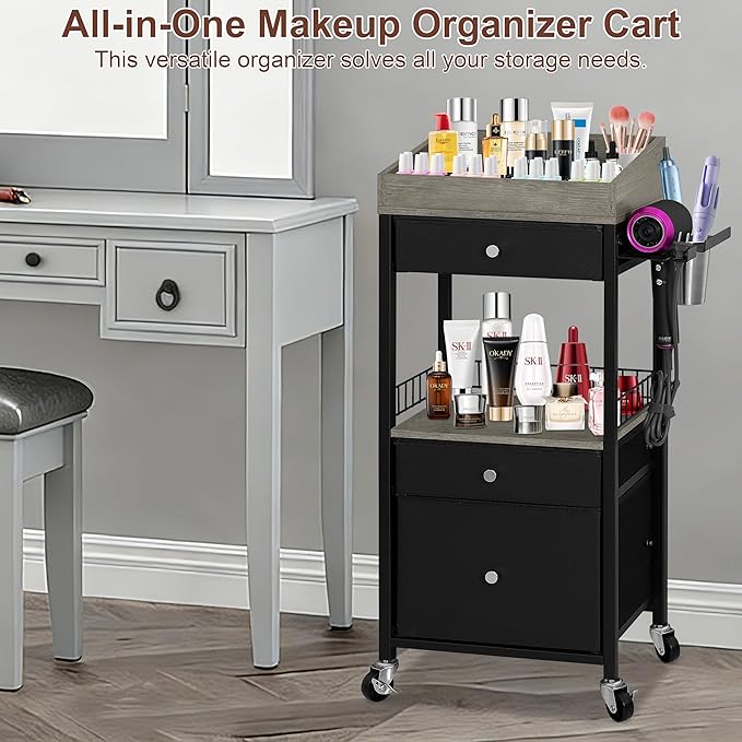 Makeup Organizer Cart with 3 Drawers & Detachable Hair Tool Holder, Rolling Cosmetic Storage Cart with Adjustable Dividers, Lockable Wheels for Bathroom, Bedroom Vanity, Black & Grey
