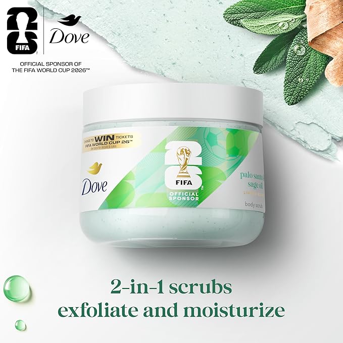 Dove FIFA World Cup 2026 Limited Edition Moisturizing Body Scrub – Palo Santo & Sage Oil, pH‑Balanced Whipped Exfoliator for Hydrated, Radiant Skin, 15 oz