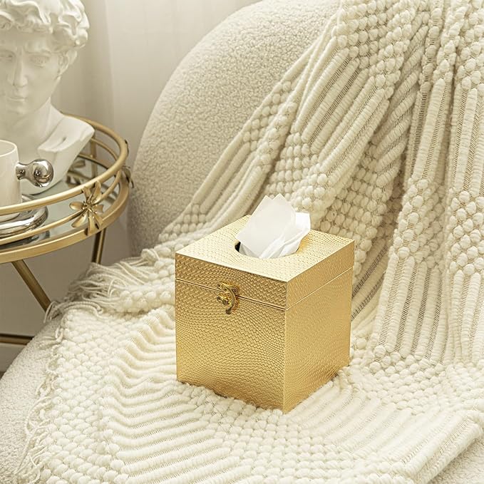 Gold Tissue Box Cover, Elegant Square Tissue Box Holder for Bathroom, Bedroom, and Office, Modern Decorative Tissue Box for Home Décor