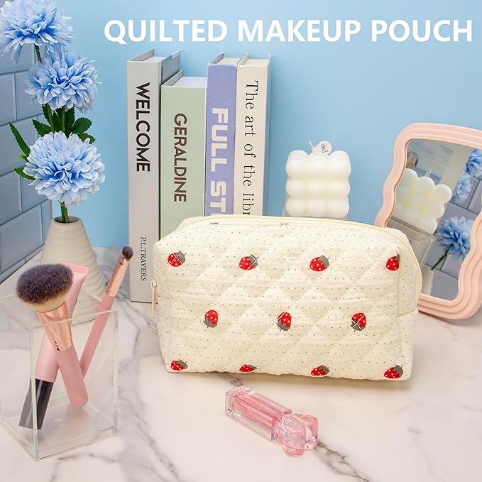PAZIMIIK 2PCS SET Vintage Quilted Makeup Bag Cosmetic Pouch for Brushes Pencils and Travel Make Up Accessories for Women and Girls Gauze Strawberry