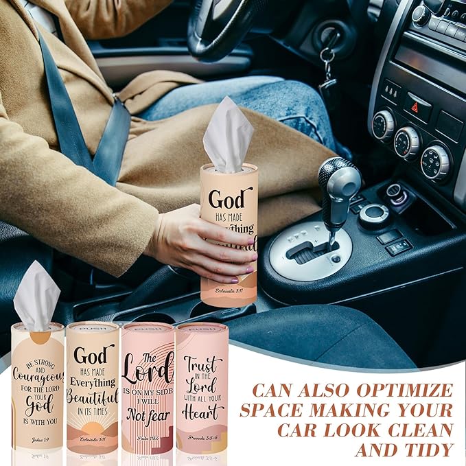 Outus 12 Pack Christian Car Tissues Cylinder Holder with Facial Tissue Bulk Round Bible Verses Napkins Container for Car Home Travel Prayer Church Gifts, 6 Designs