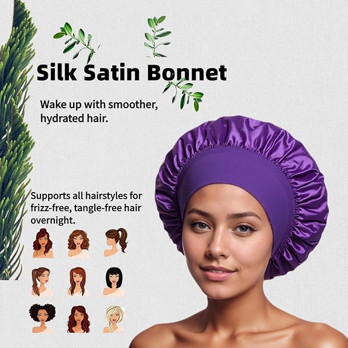 African Net Sponge, Exfoliating Body Scrubber, Soft Satin Silk Bonnet for Men Women Hair Bonnet for Sleeping, Double Layer Silk Sleep Cap, Purple, HomeyVenture