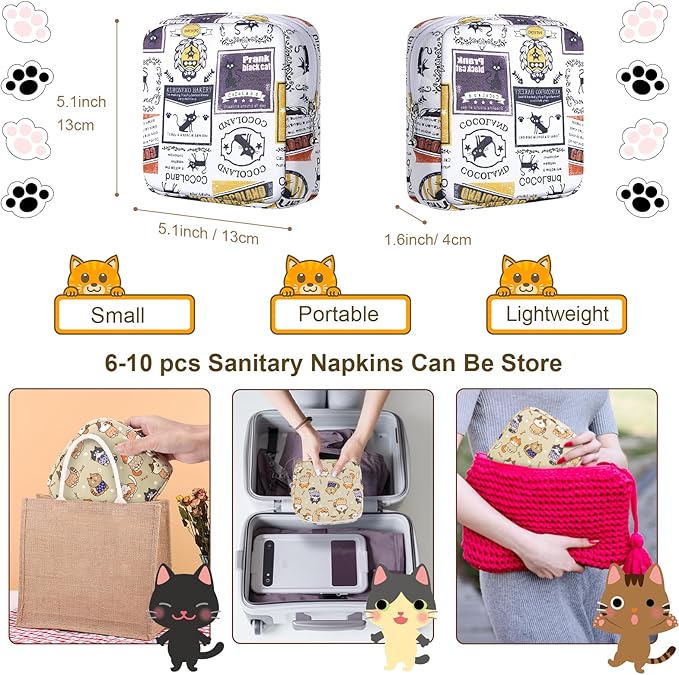 Period Bag Pouch, Canvas Sanitary Napkin Storage Bag for Girls Womens, Portable Sanitary Napkin Period Pad Pouch for Purse, Small Make Up Bags(Retro Cat)