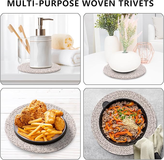 Coga Trivets for Hot Dishes, Trivets for Hot Pots and Pans, 7 Inchs Hot Pads 5 Pcs and Storage Basket for Countertops, Pot Holders for Kitchen, Cotton Table Protector Hot Mats Heat Resistant (Brown)