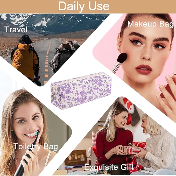 Cute Floral Cotton Makeup Brush Cosmetic Bag for Women, Travel Quilted Zipper Make Up Bag, Flowers Toiletry Organizer Case Kawaii Makeup Cosmetic Travel Cloth Pouch (Big Purple Floral)