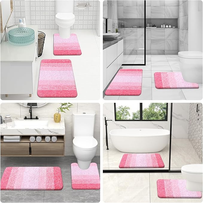 OLANLY Bathroom Rug Set 2 Piece, Soft Absorbent Microfiber Bath Rug Set, Non-Slip, Machine Wash Dry, Plush Shaggy Bath Mats for Bathroom (30"x20"+24"x16", Pink)