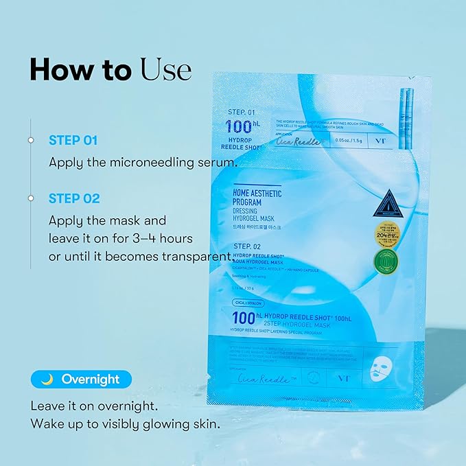 VT COSMETICS Hydrop Reedle Shot 100hl 2-Step Hydrogel Mask(34.5gx4ea), Intensive Hydrating, Exosome Hyaluronic Acid, Dewy & Glass Skin, Overnight Melting Mask, Korean Facial Mask