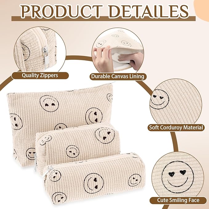 3 Pcs Makeup Bag Set for Women Corduroy Cosmetic Pouch Aesthetic Smile Travel Toiletry Bag Cute Purse Pouch Pencil Case Makeup Brushes Storage Organizer with Zipper(Beige,Smile Face)