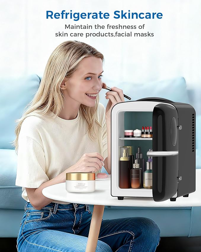 Mini Fridge for Bedroom, 4L/6 Cans Small Cosmetic Fridge for Skincare, Makeup & Drink, With Observation Window, Portable Desk Fridge Cooler and Warmer for Kids, Car, Office, Dorm, Black