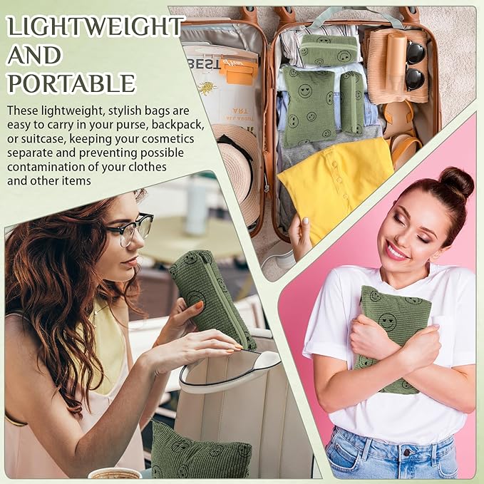3 Pcs Makeup Bag Set for Women Corduroy Cosmetic Pouch Aesthetic Smile Travel Toiletry Bag Cute Purse Pouch Pencil Case Makeup Brushes Storage Organizer with Zipper(Army Green,Smile Face)