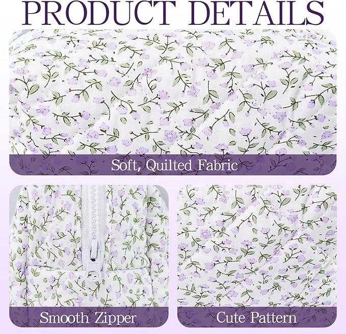 Quilted Makeup Bag Floral Cotton Make up Bag Puffy Coquette Makeup pouch Aesthetic Cute Travel Toiletry Bag for Women Girls
