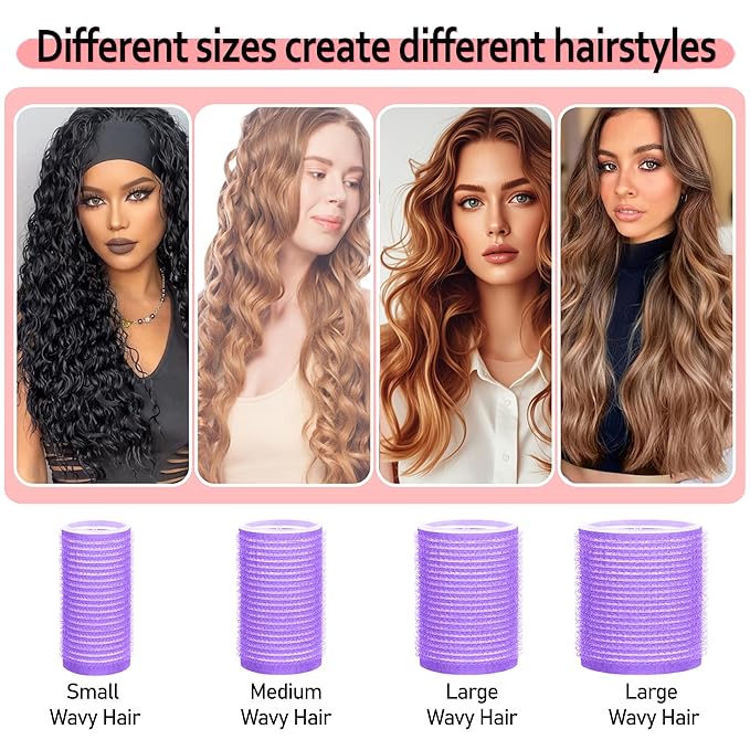 4 Sizes Self-Grip Hair Rollers Set with Clips - 4 Sizes for Long, Short Hair & Bangs (25mm, 36mm, 48mm, 60mm),(Purple, 4 Sizes)