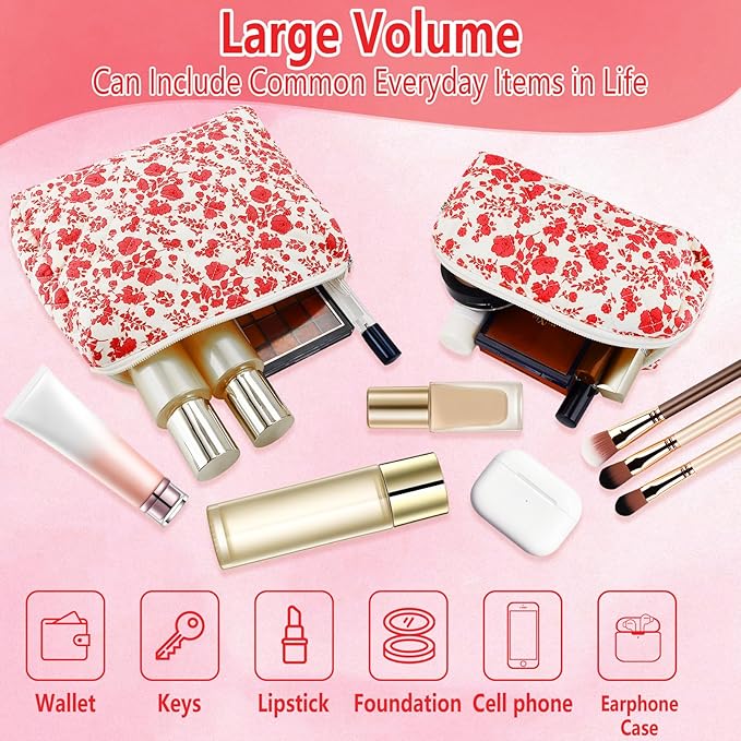 2Pcs Quilted Makeup Bag Set Flower Cute Pencil Case Large Small Travel Makeup Pouch Set for Women Coquette Makeup Bag Aesthetic Cotton Cosmetic Bag Hot Pink Toiletry Organizer Storage Bag Zipper Pouch