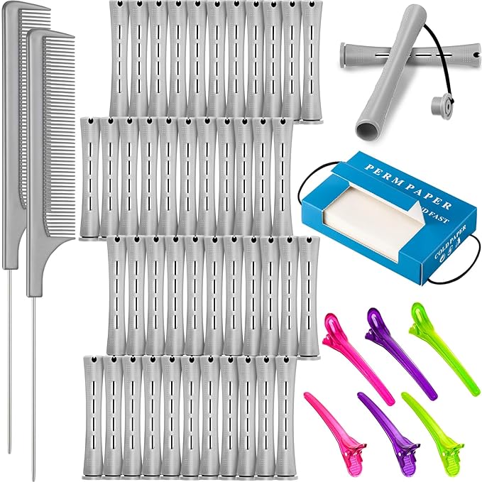 WILLBOND Hair Styling Kit: 48 Hair Perm Rods Plastic Cold Wave Rods, 2 Steel Pintail Combs, 350 Perm Papers, 6 Duck Bill Clips for Hairdressing Styling(Gray)