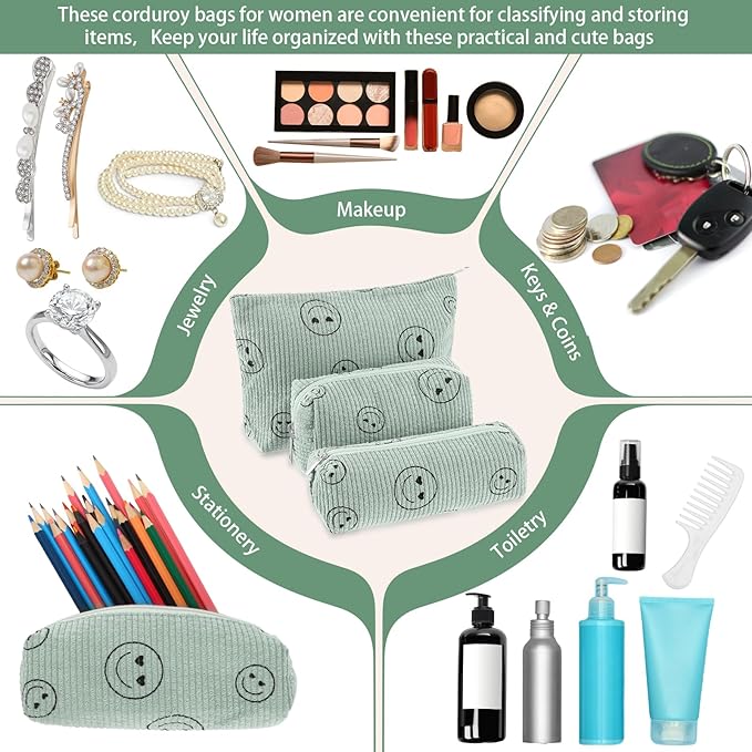 3 Pcs Makeup Bag Set for Women Corduroy Cosmetic Pouch Aesthetic Smile Travel Toiletry Bag Cute Purse Pouch Pencil Case Makeup Brushes Storage Organizer with Zipper(Green,Smile Face)