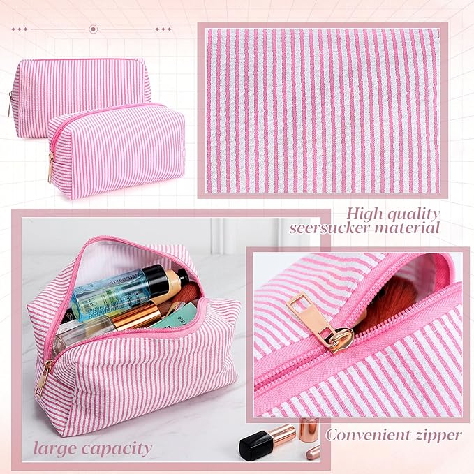 Sanwuta 6 Pcs Seersucker Cosmetic Bags Bulk Seersucker Makeup Bags Stripe Women Pouch Large Preppy Storage Pouch Toiletry Travel Organizer for Wedding Bridesmaid Bride Favor Mom Gift (Pink)