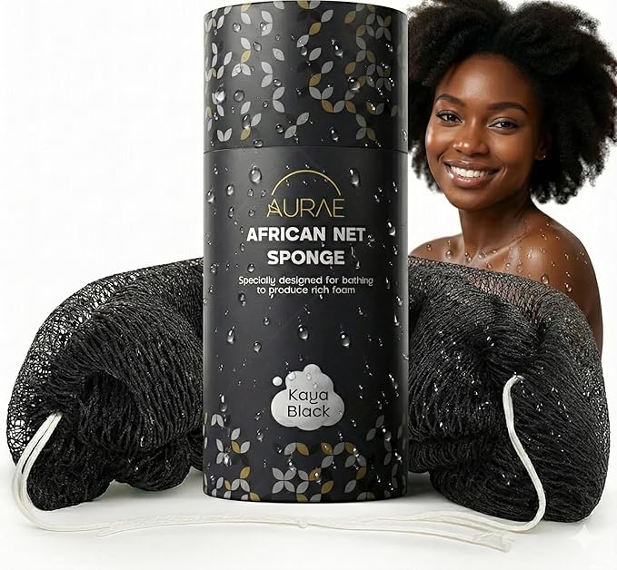 AURAE Premium African Net Sponge – Authentic Exfoliating Body Scrubber, 45-Inch, Quick-Drying – Black
