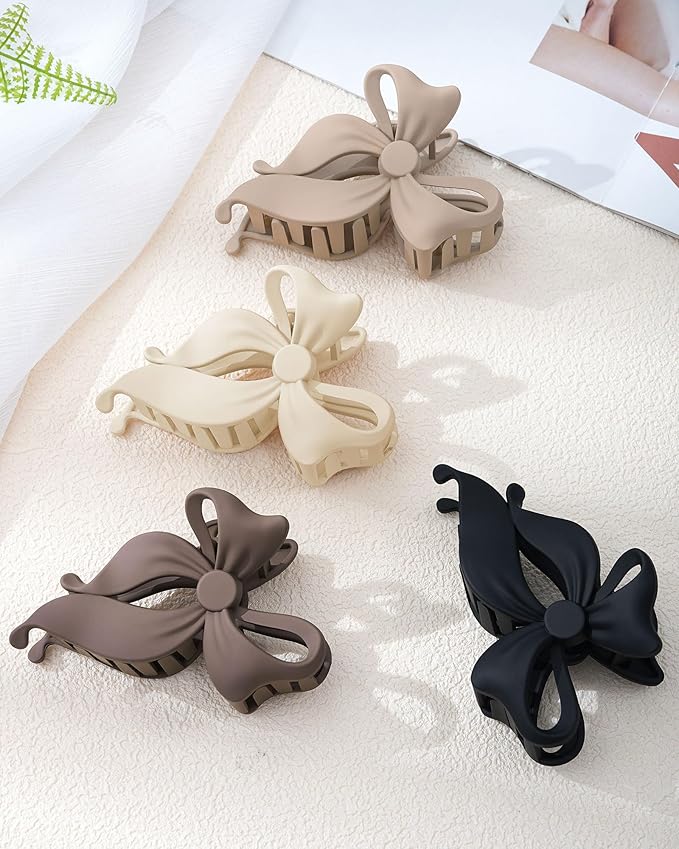 Mesovor 4 pack Cute Bow Claw Clip for Women, Nonslip Large Matte Strong Hold Bows Hair Clips for Thin and Thick Hair | Chic Hair Styling Accessories (4.1" Light Khaki, Dark Khaki, Brown, Black)