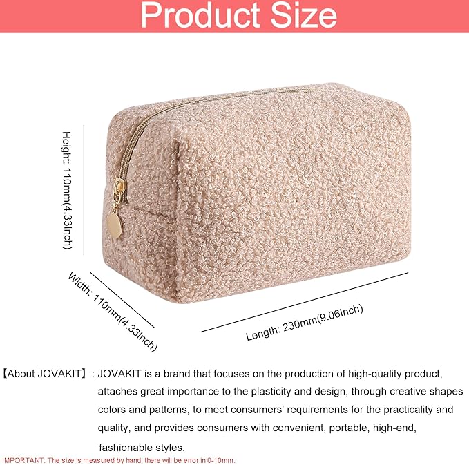 JOVAKIT Travel Makeup Bag Cosmetic Bag for Women, Fashion Christmas Gifts, Plush Zipper Make Up Pouch, Large Capacity Toiletry Organizer Makeup, Portable Storage Bag Trendy Stuff (Khaki)