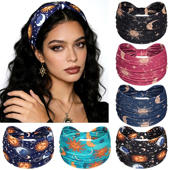 Wide Headbands for Women Knotted No Slip Head Bands Soft Turban Headband Hair Accessories Boho African Solid Color Head Wraps for Women Yoga Workout Pack of 6(Boho)