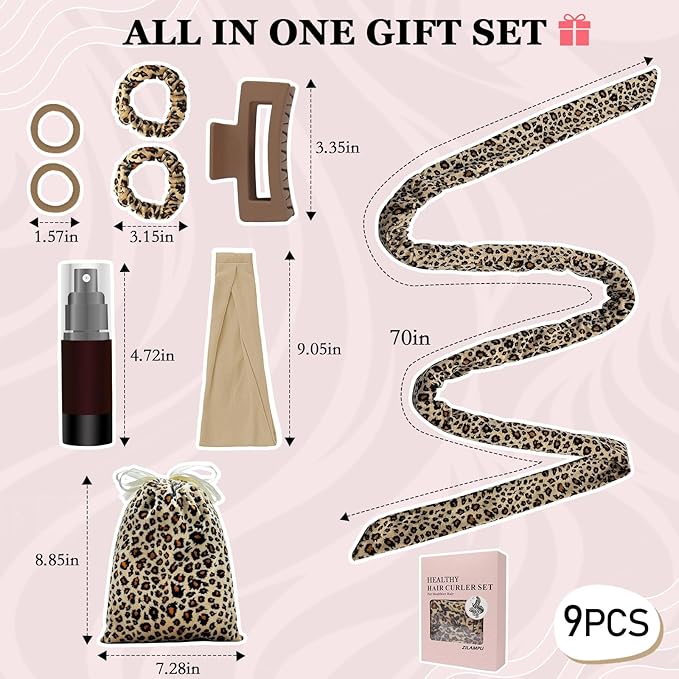 ZILAMPU No Heat Curling Rod Headband for Women and Girls, Overnight Velour Hair Roller Wrap for Long Curls - Leopard Print