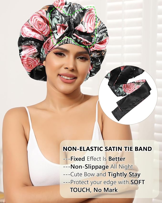 Satin Bonnet Reversible Silk Hair Bonnets for Curly Hair - Double Layer Night Cap with Tie Band - Black Pink Rose + Black