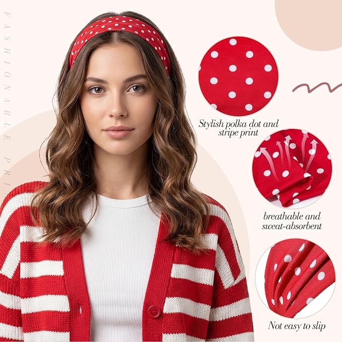 obeoby 8 Pack Polka Dot Headband for Retro Y2K Style, Trendy Stripe Hairbands for Girls Non Slip Head Bands for Women's Hair
